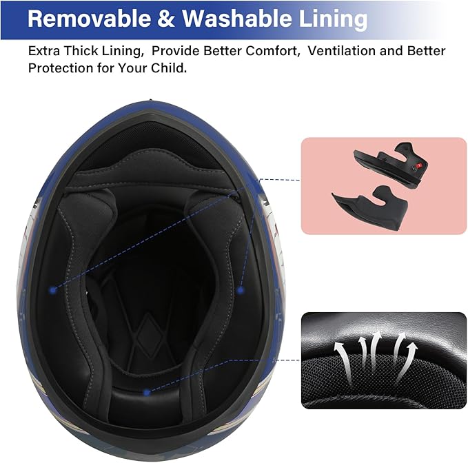TCT-MOTORPARTS DOT Youth Kids Motocross Helmet ATV Full Face Four Wheeler Helmets for Offroad Street Dirt Bike Go-Kart BMX MX Blue Mouth Medium