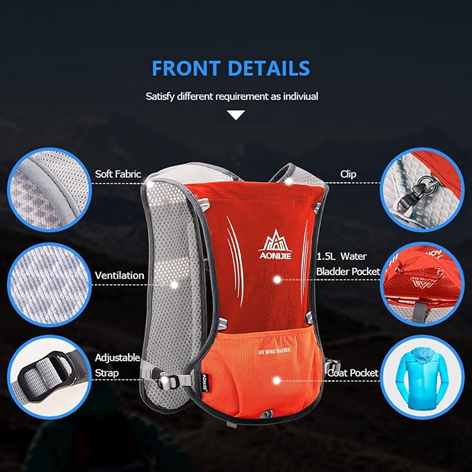 AONIJIE Hydration Backpack Running Vest, 5L Capacity, Multi-Pocket Design, Breathable and Lightweight, Pack for Outdoor Sports - Running, Cycling, Climbing and Hiking