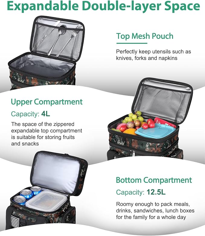 Tactical Lunch Box for Men, Large Insulated Lunch Bag Adult, Heavy Duty Double Deck Expandable Lunch Cooler Bag Leakproof Waterproof Lunch Tote for Work Office Camping Travel-Camo Green