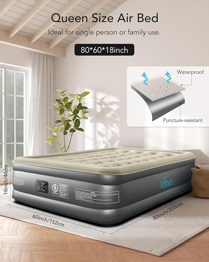 iDOO Air Mattress Queen with Built in Pump, Inflatable Mattress Queen Size, 18" Raised Blow up Mattress for Camping, Guests, Portable & Waterproof Air Bed, Colchon Inflable