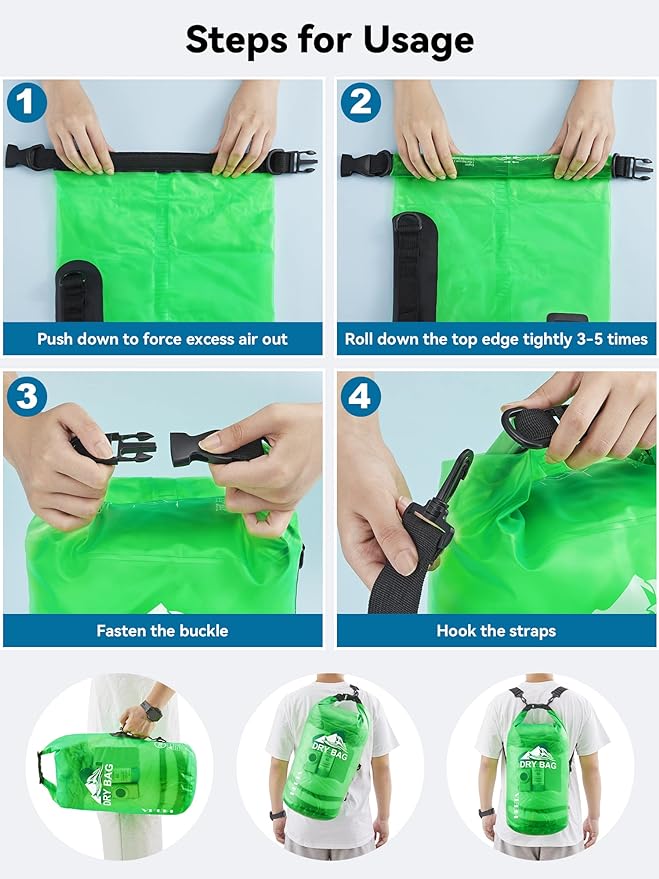 HEETA Dry Bag Waterproof for Women Men, 5L/10L/20L/30L/40L Roll Top Lightweight Dry Storage Bag Backpack with Phone Case for Travel, Swimming, Boating, Kayaking, Camping & Beach, 11 Transparent Colors