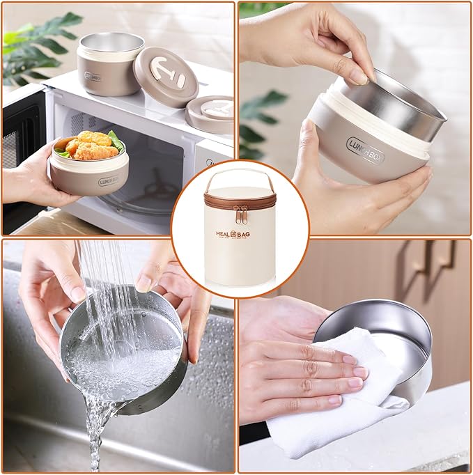 Dandat 2 Pcs Insulated Lunch Containers Thermal Bento Box with Bag Fork Knife Microwavable Stainless Steel Lunch Box 15.2 oz 21 oz Separate Stackable Thermal Food Jar for Adult Men Women(Khaki)