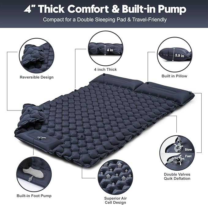 Double Sleeping Pad for Camping – 4” Thick Inflatable Camping Mattress 2 Person, Built-in Foot Pump & Pillow, Ultralight Self-Inflating Camping Mat for Tent, Hiking, Backpacking, Traveling