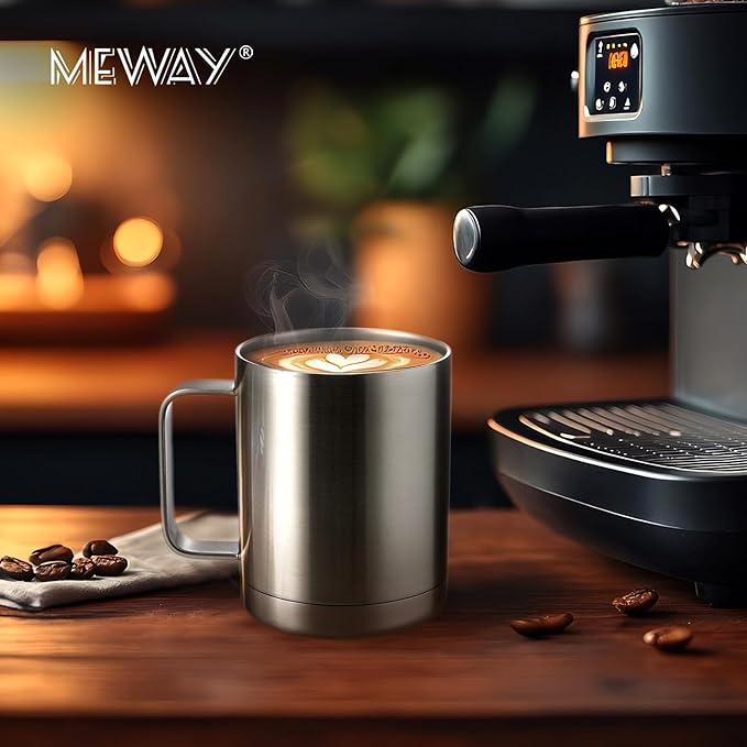 MEWAY 12oz Coffee Mug With Handle,Stainless Steel Insulated Travel Tumblers With Sliding Lid,Double Wall Vacuum Camping Cup for Hot & Cold Drinks Tea (Sliver,Set of 1)