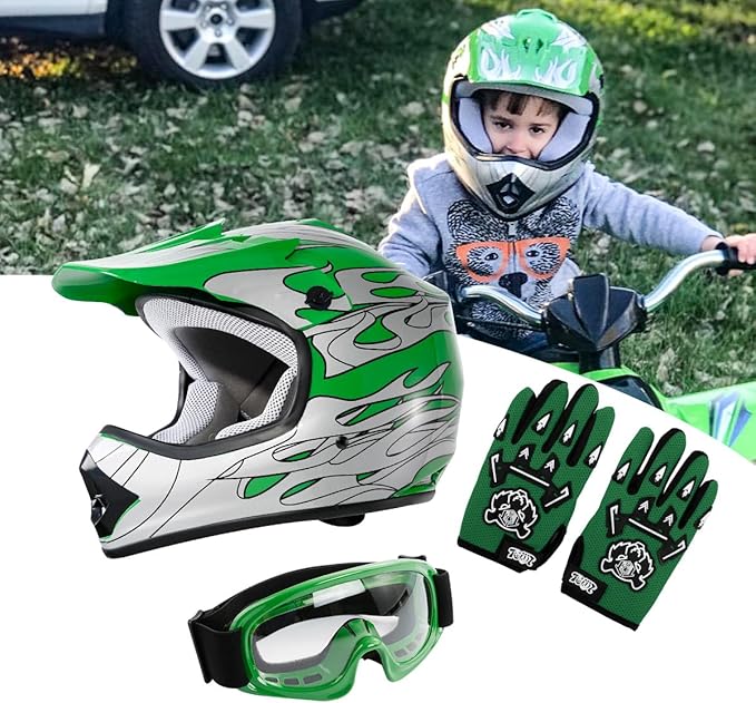 TCT-MOTORPARTS DOT Youth Motorcycle Four Wheeler Riding Racing Helmet Kids Motocross ATV Helmets Offroad Street Dirt Bike Go-Kart BMX MX Full Face Helmet Green Flame X-Large Size