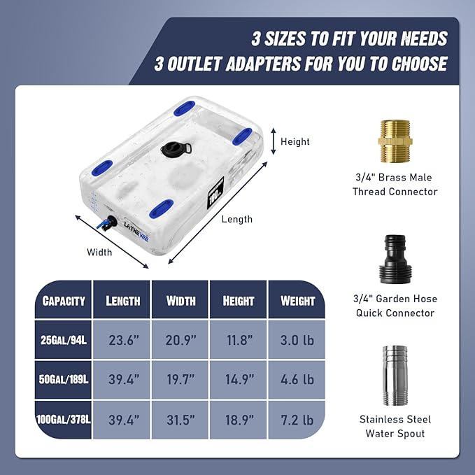 Water Storage Bladder, 25/50/100 Gallon Portable Water Tank, Transparent and Foldable with 4 Types of Interface Accessories, Suitable for Gardens, Emergency Situations, Camping, Etc.