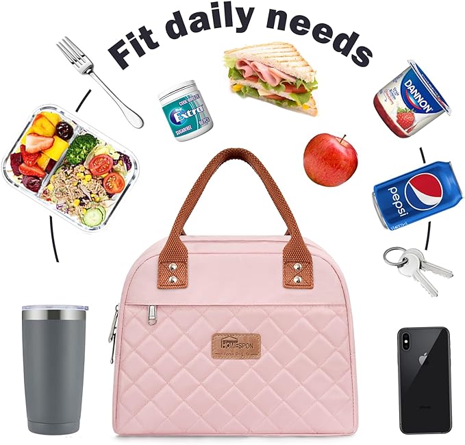 HOMESPON Insulated Lunch Bag for Women Men Adults Lunch Tote with Front Pocket Lunch Box Container Cooler Bag for Work Picnic (Pink)