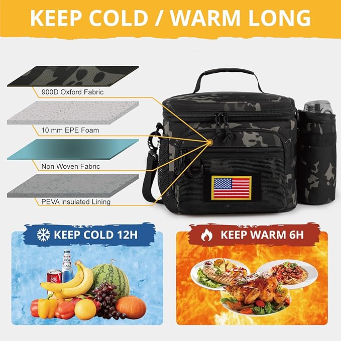 Tactical Reusable Lunch Bag for Men/Women - Insulated Lunch Box Leakproof Lunch Pail Freezable with Adjustable Shoulder Strap,Lunch Cooler Bag for Work Office Picnic Beach，Black Camo