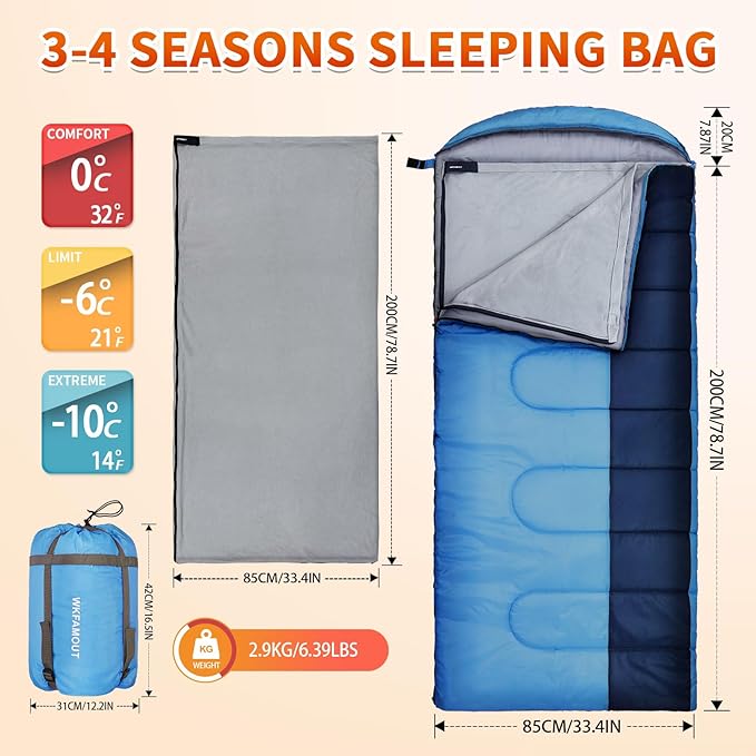 XL 10 Degree Sleeping Bags Waterproof for Adults 350GSM Machine Washable with Compression Sack for 3-4 Season Camping Outdoor