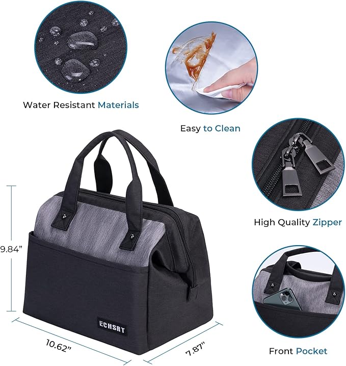 ECHSRT Large Insulated Lunch Bag for Women Men Leakproof Cooler Lunch Tote Bags for Work Travel Adult Thermal Lunchbox for Office -10L Black