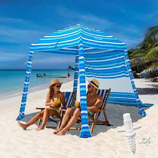 Grandekor 6'x6' UPF 50+ Beach Cabana Canopy Tent Instant Setup Sun Shelter with Sidewalls Sand Anchors Hanging Hooks for Family Beach Trips Outdoor Shade Shelter with Windproof Sand Pockets