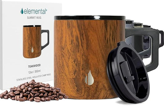 Elemental Insulated Coffee Mug - Triple-Wall Stainless Steel Summit Travel Cup for Hot and Cold Drinks - Thermal Coffee Mug with Lid and Handle for Camping, Office & Travel 12oz - Teakwood