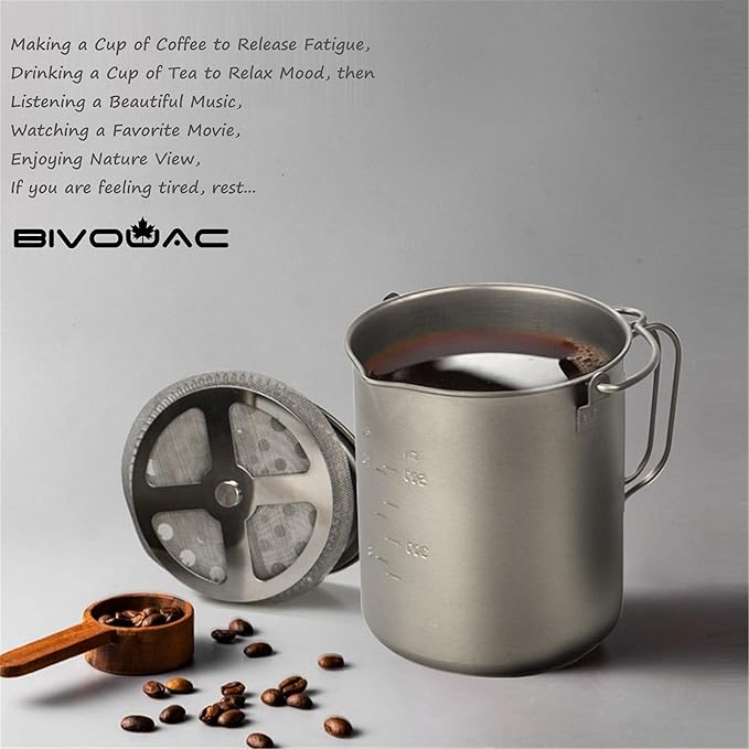 BIVOUAC 750ml Titanium Cup Camping Press Coffee Pot Outdoor French Press Pot Camping Cup 750ml Titanium Coffee Cup