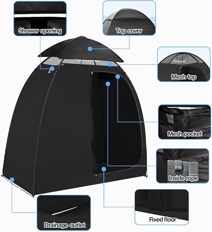 EighteenTek Camping Shower Tent Changing Room with Fixed Floor 2 Rooms Outdoor Pop Up Camping Toilet Portable Privacy Dressing Shelter with Carry Bag 83"x43"x80"