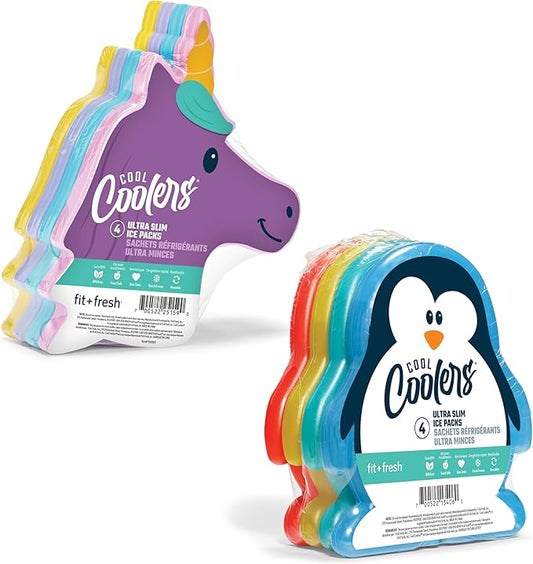 Fit & Fresh Cool Coolers Kids Lunch Box Ice Packs, Slim Ice Packs for Lunch Bags, Reusable, For Daycare and Travel, Multicolored Penguin and Unicorn Set, 8PK