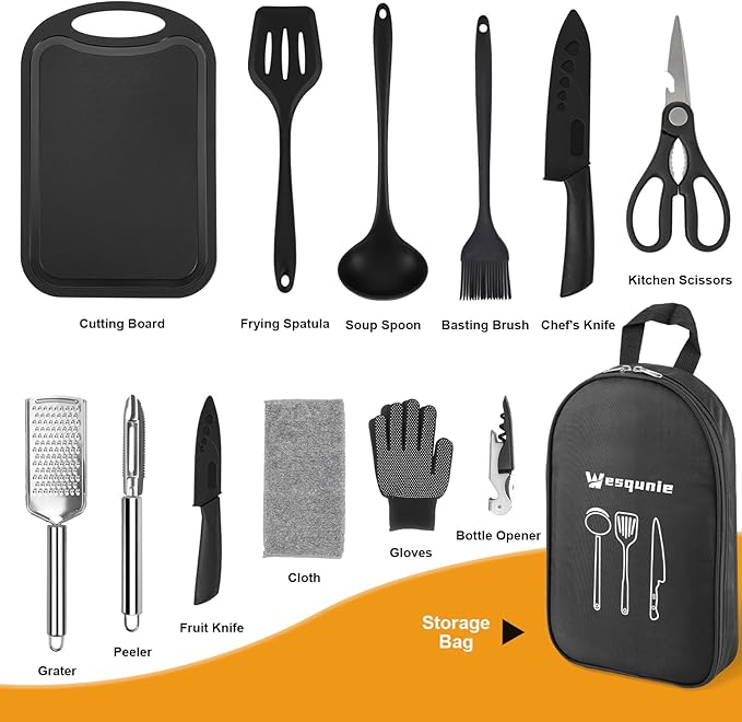 Camping Essentials Cookware Cooking Utensils Set - Portable Camp Kitchen Mess Kit Outdoor Accessories, Stainless Steel & Silicone, Camping Gear Equipment for RV Picnic Grill