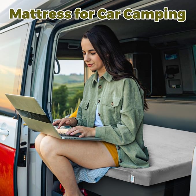 Memory Foam Camping Mattress Pad, Portable Roll Up Pads for Adults, Sleeping pad for Camping Bed, Car Bed Mat with Travel Bag- Grey