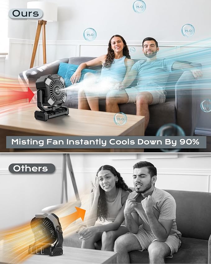 Portable Misting Fan, Camping Fans with Remote, 24000mAh Rechargeable Battery Cooling Fan for Outdoors Patios, Rechargeable Fans 270° Adjustable, Hanging & Lighting for Outdoor Indoor cooling