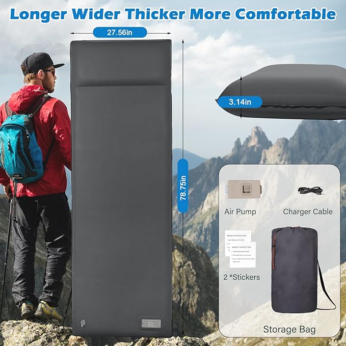 Sleeping Pad for Camping, Self Inflating Camping Pad with Pillow, 3.14" Compact Thick Memory Foam Camping Mattress Pad, Travel Portable Camp Sleeping Mat with Built in Pump