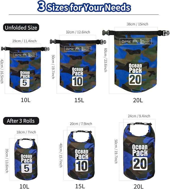 Dry Bag Waterproof for Women Men,20L Rolled Lightweight Dry Storage Bag Backpack with Phone Case for Travel,Swimming,Boating, Kayaking,Camping & Beach,Blue