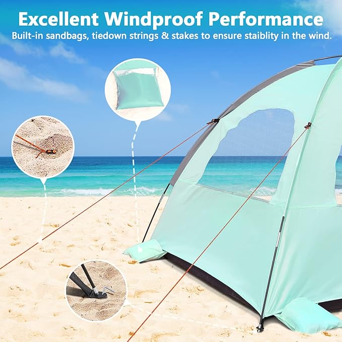 NXONE Beach Tent Sun Shade Shelter for 2-3 Person with UV Protection, Extended Floor, 3 Mesh Roll Up Windows & 8.0mm Fiberglass Rods丨Carry Bag Included (Mint Green)