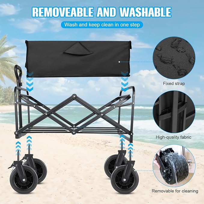 Beach Wagon,Collapsible Foldable Wagon Cart with Big Wheels,Utility Folding Grocery Lounge All Terrain Wagon with Side Pocket and Brakes for Sand Camping Sports Outdoor(Black).