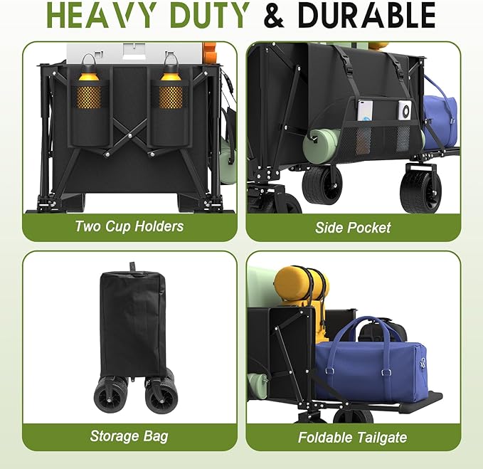 ZENPETIO 49" Collapsible Wagons Carts Foldable with Tailgate, 300L Heavy Duty Folding Wagon Cart with Big All-Terrain Beach Wheels, 360 LBS Capacity Portable Utility Wagon for Garden Outdoor Camping