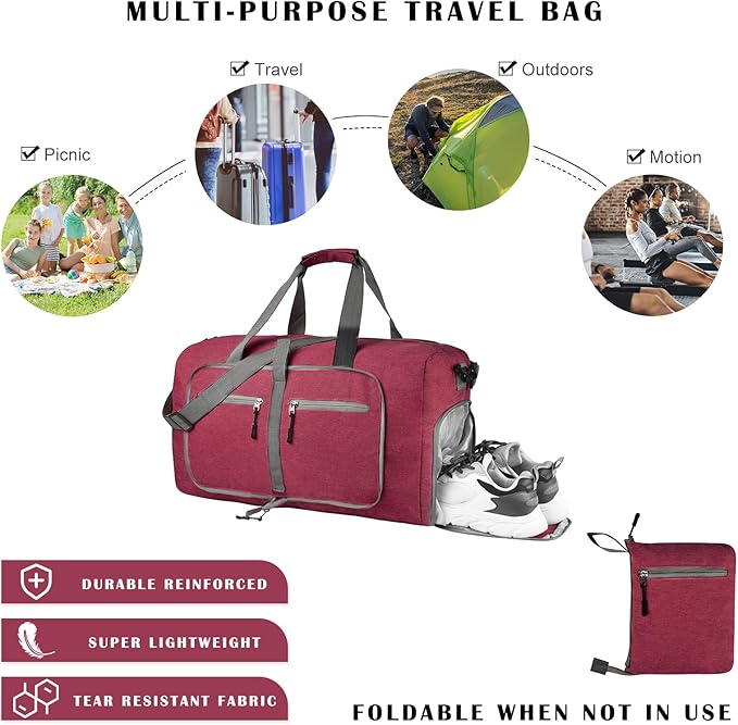 Dimayar 65L Travel Duffle Bag for Men Women - Foldable Duffel Bag with Shoes Compartment - Overnight Bags Waterproof & Tear Resistant(Red)