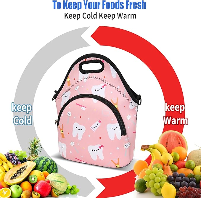 Violet Mist Neoprene Thermal Insulated Lunch Bag Tote for Women, Soft Large with Extra Pocket, Adjustable Shoulder Strap, Pink Teeth