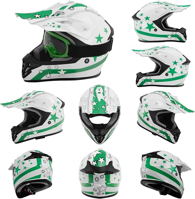 TCT-MOTORPARTS DOT Youth Kids Motocross ATV Helmets Offroad Street Dirt Bike Go-Kart BMX MX Full Face Helmet White w/Green Star X-Large Size
