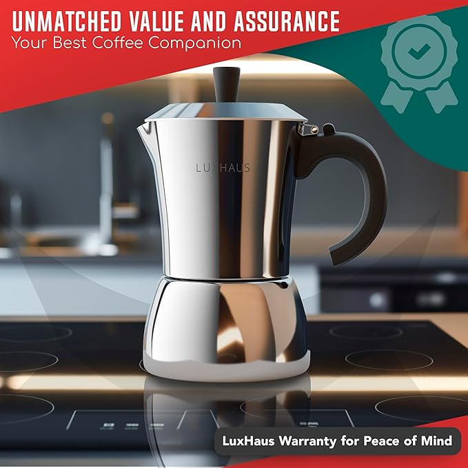 LuxHaus Moka Pot - 6 Cup Stovetop Espresso Coffee Maker - 100% Stainless Steel Italian and Cuban Mocha Coffee Maker