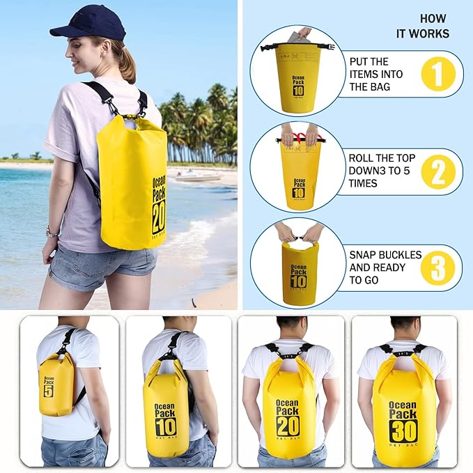 Floating Waterproof Dry Bag Backpack 5L/10L/20L, Roll Top Bag for Kayaking, Rafting, Boating, Swimming, Camping, Hiking, Beach, Fishing, Waterproof Beach Bag. (Yellow, 5L)