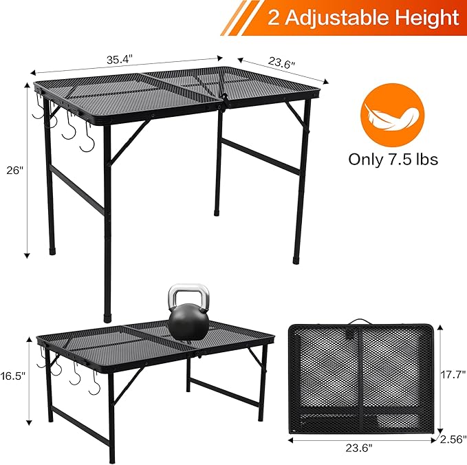 Outdoor Picnic Camping Table, Folding Grill Metal Table 3 Ft - Portable, Lightweight, Compact & Height Adjustable Collapsible Patio BBQ Table with Trash Bag Holder