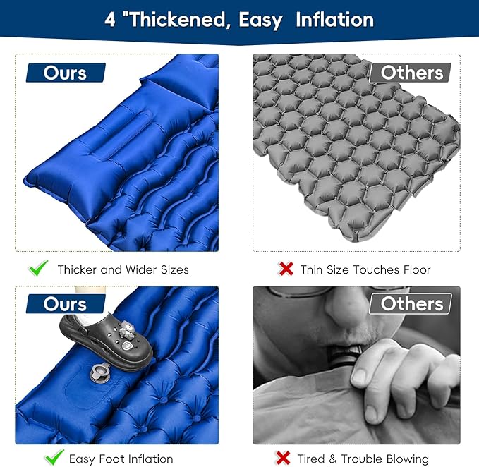 Double Sleeping Pad for Camping, Self Inflating 4" Extra-Thick Camping Mattress Pad 2 Person with Pillow, Built-in Foot Pump, Ultralight Camping Bed Mat for Backpacking Hiking Traveling Tent