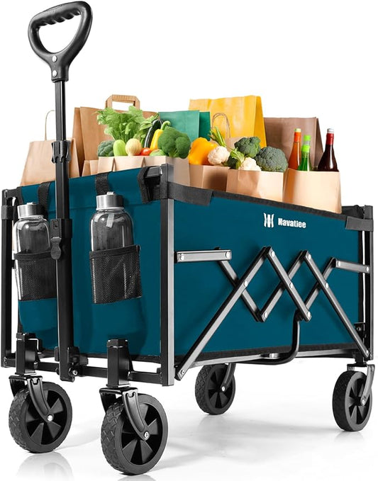 Navatiee Portable Foldable Collapsible Wagon with Wheels, 220lbs Weight Capacity Utility Grocery Shopping Cart, Lightweight Mini Folding Wagon for Outdoor, Blue