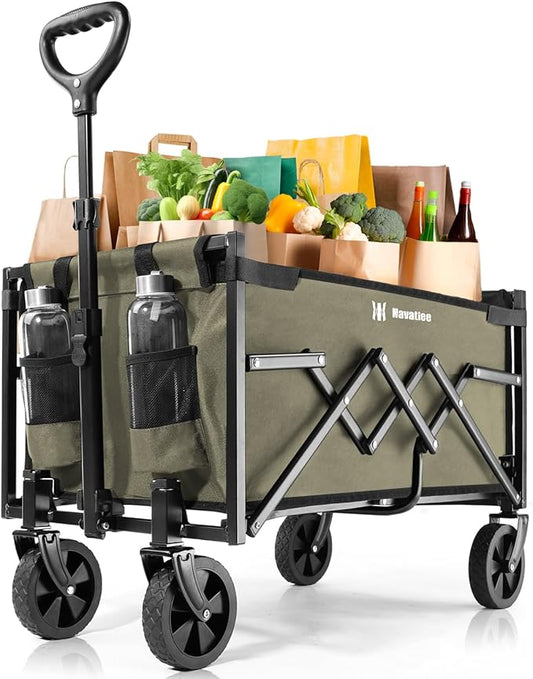 Navatiee Portable Foldable Collapsible Wagon with Wheels, 220lbs Weight Capacity Utility Grocery Shopping Cart, Lightweight Mini Folding Wagon for Outdoor, Khaki