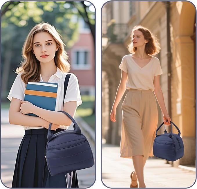Lunch Bag Lunch Box for Women Men Adult Insulated Cute Small Quilted Puffer Lunchbox Reusable Thermal Lunch Cooler Tote Bag for Work, Picnic or Travel-Navy