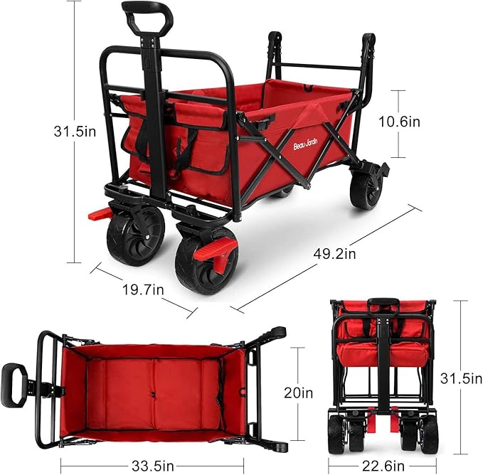 BEAU JARDIN Collapsible Foldable Push Pull Folding Beach Wagon 350lbs Heavy Duty Utility Camping Grocery Garden Sport Shopping Wagon Cart with All Terrain Big Sand Wheels and Brakes Red