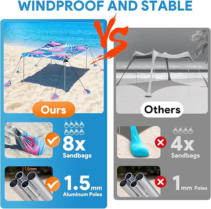 Beach Tent Sun Shelter, 10 x 10 FT Beach Canopy Tent Sun Shade, UPF50+ Beach Tent Canopy with 8 Sandbags & 4 Stability Poles, Outdoor Beach Tent for Beach Camping Fishing, Flamingo