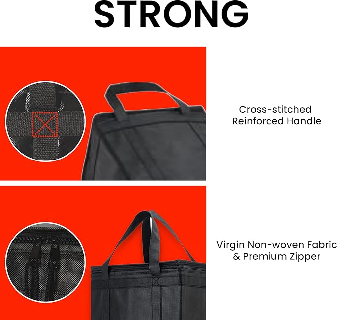 NZ Home Insulated Cooler Bag and Food Warmer (Medium, 2 pack) for Food Delivery & Grocery Shopping with Zippered Top, Black