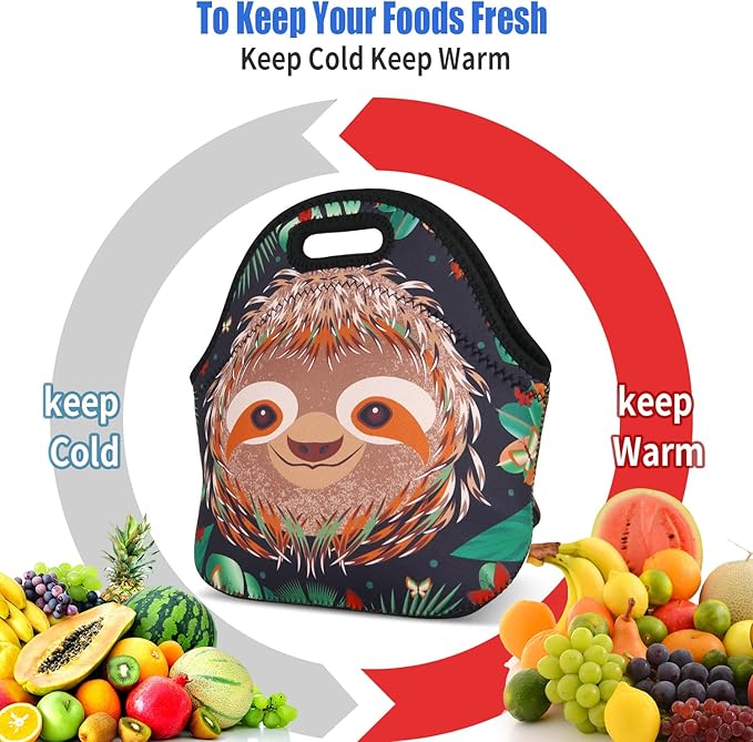 Violet Mist Sloth Neoprene Large Lunch Bag Women Insulated Cute Small lunch Bag Tote Work Outdoor Picnic Washable Lunch Box for Mens with Containers Zipper Thanksgiving Christmas Gift