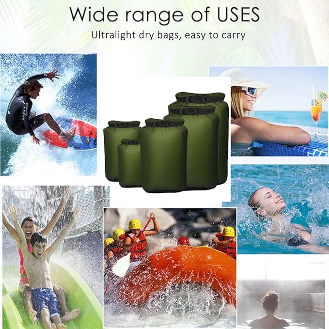 Pimoys 5 Pack Waterproof Dry Sacks, Lightweight Outdoor Dry Bags 20L /12L / 10L/ 6L/ 3.5L Ultimate Dry Bags for Kayaking Camping Rafting Boating (Army Green)