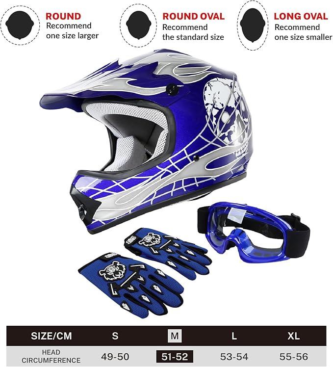 TCT-MOTORPARTS DOT Youth Kids Motocross ATV Helmets Offroad Street Dirt Bike Go-Kart BMX MX Full Face Helmet Blue Skull Medium Size