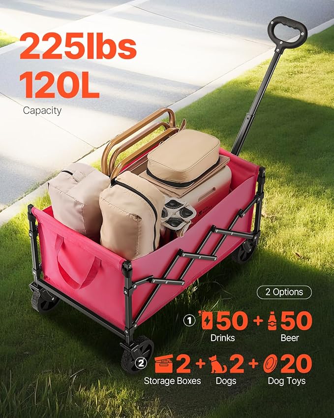 VEVOR Collapsible Wagon Cart with Wheels Foldable, 120L 225LBS Heavy Duty Folding Wagon, Portable Utility Grocery Cart for Groceries Camping Sports Shopping Garden with Adjustable Handle