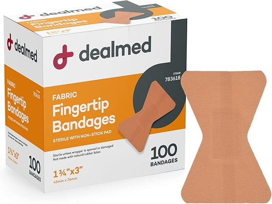Dealmed Fabric Fingertip Flexible Adhesive Bandages – 100 Count (1 Pack) Bandages with Non-Stick Pad, Latex Free, Wound Care for First Aid Kit, 1 3/4" x 3"