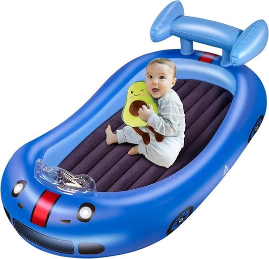 Inflatable Kids Travel Bed with Avocado Hugging Pillow, Lightweight Portable Raised Sides Racecar Toddler Air Mattress, Kids Blow Up Mattress for Home, Hotel, Camping Use, 300 lbs Max