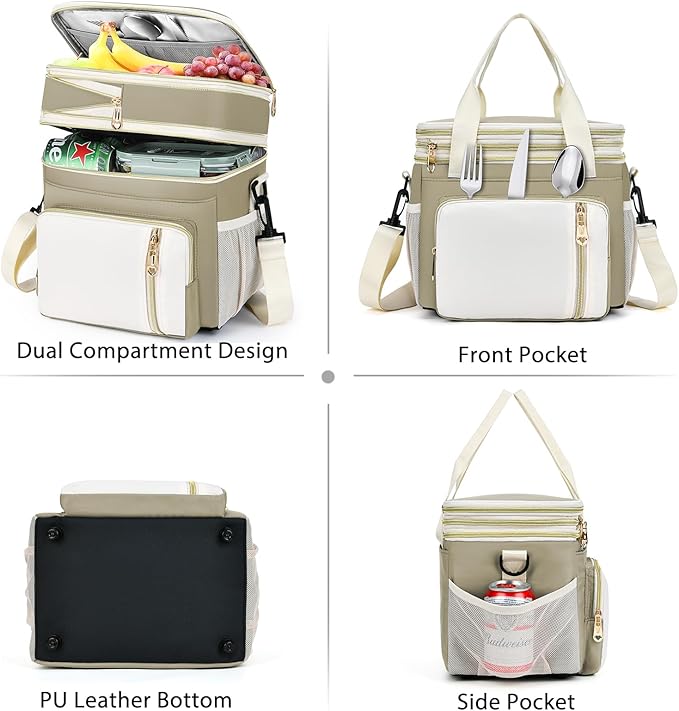 Lunch Box & Lunch Bag for Women Men, Large Insulated Adult Lunch Box Leakproof Lunchbox Cooler Bag for Work Picnic Beach,16L, Beige & White