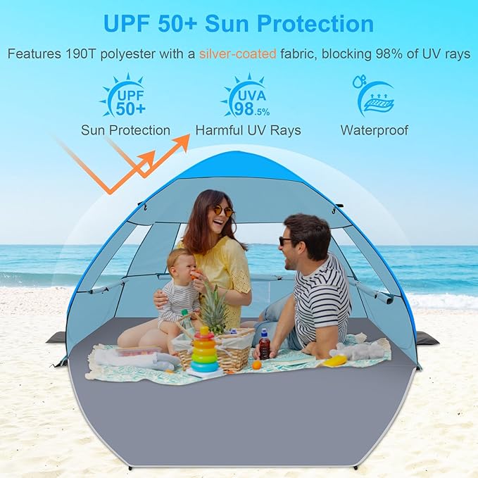 Gorich Easy Pop Up Beach Tent for 3-4 Person, UPF 50+ UV Protection Beach Umbrella Sun Shelter, Portable Lightweight Cool Cabana Shade with Easy Foldable & Instant Setup