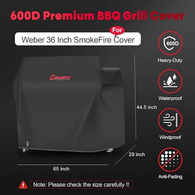 Comnova Grill Cover 65 Inch - 600D Premium BBQ Cover for Weber 36 Inch SmokeFire Wood Pellet Grill (EX6), Outdoor Smoke Fire Cover for Weber Grill Heavy-Duty and Waterproof (Black)