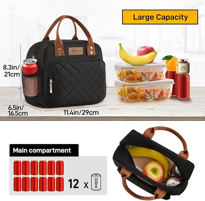 Buringer HOMESPON Lunch Bag for Woman Man Adults with Front Pocket Insulated Lunch Tote Lunch Box Container for Work Picnic or Travel (Black with Side Pockets)
